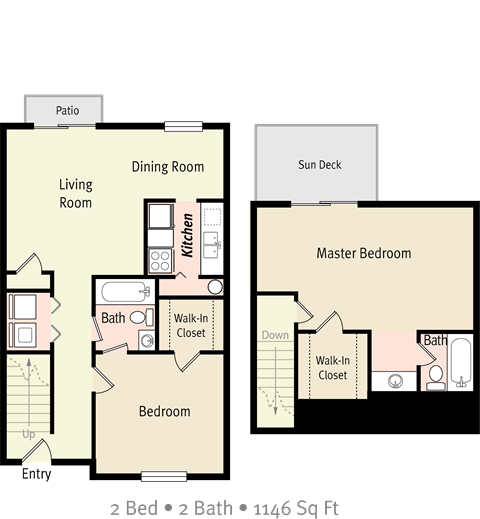 Floor plan for 2 beds, 2 baths, 1146 sqft